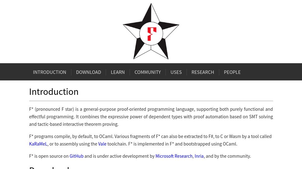 Screenshot of fstar-lang.org: F* – A Proof-Oriented Programming Language