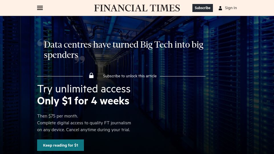 Screenshot of ft.com: Companies need AI services revenues, not cost savings