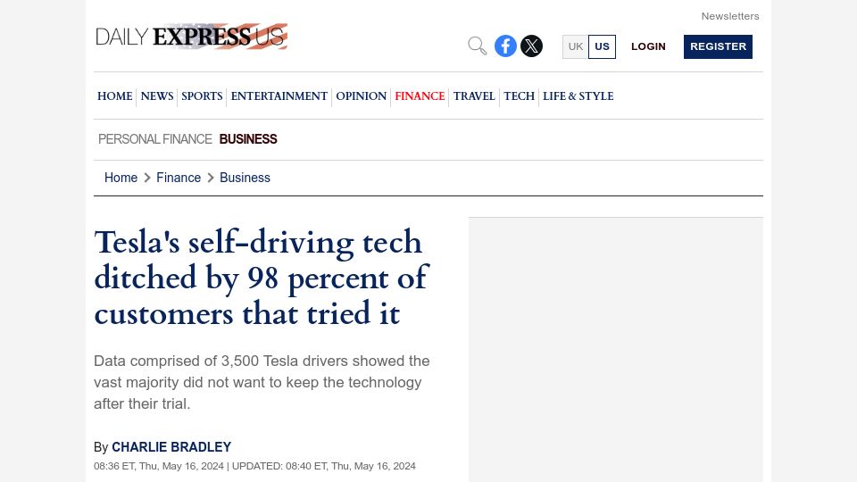 Screenshot of the-express.com: Tesla's self-driving tech ditched by 98 percent of customers that tried it
