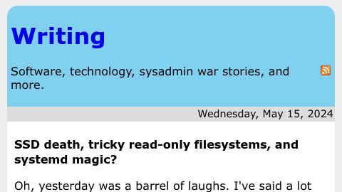 Screenshot of rachelbythebay.com: SSD death, tricky read-only filesystems, and systemd magic?