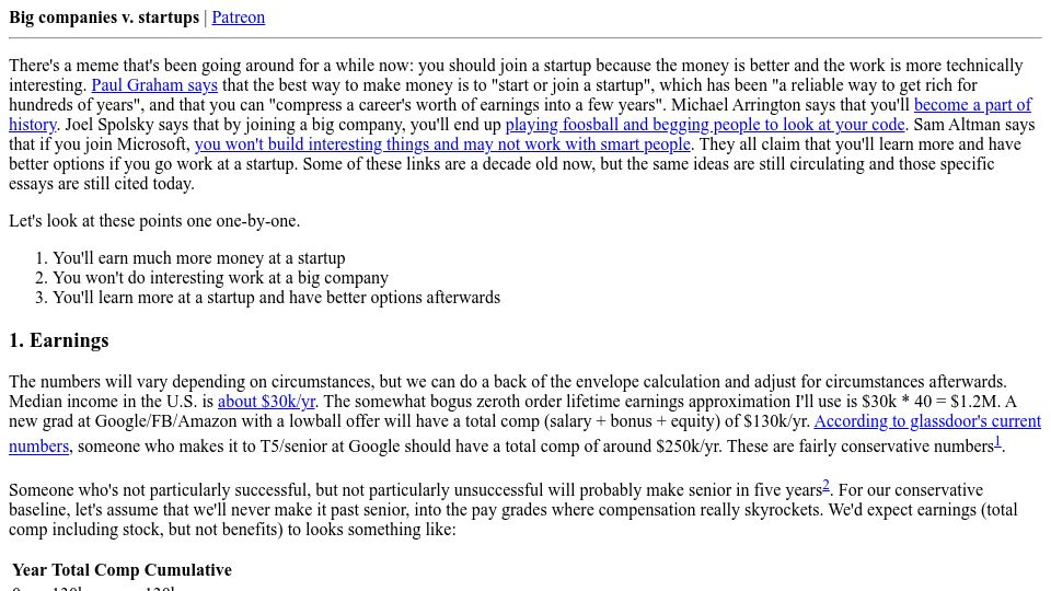 Screenshot of danluu.com: Big Companies vs. Startups (2015)