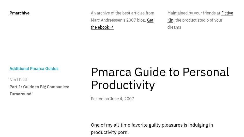 Screenshot of pmarchive.com: Pmarca Guide to Personal Productivity (2007)
