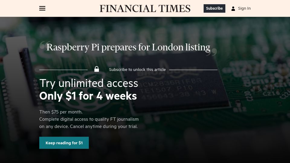 Screenshot of ft.com: Raspberry Pi prepares for London listing