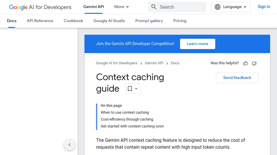 Screenshot of ai.google.dev: Context caching guide