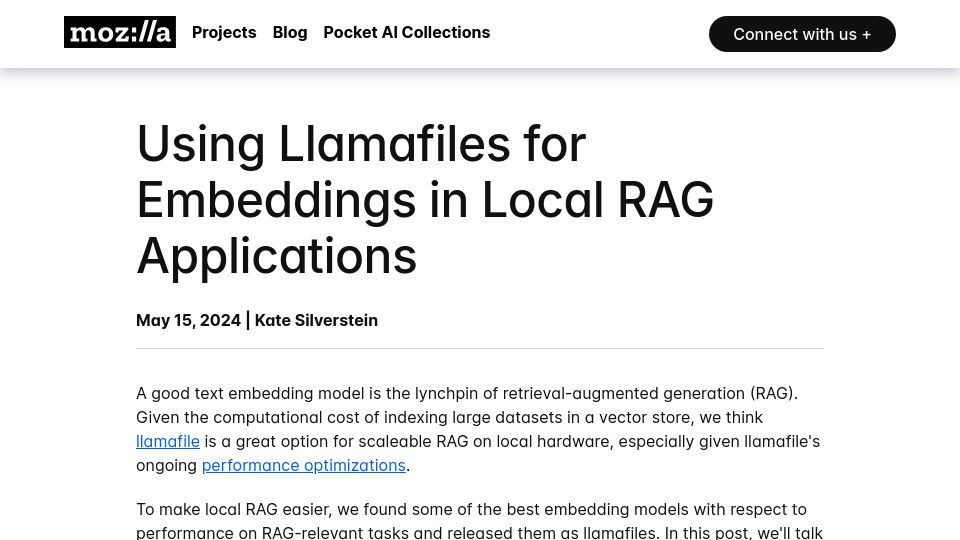 Screenshot of future.mozilla.org: Using Llamafiles for Embeddings in Local RAG Applications