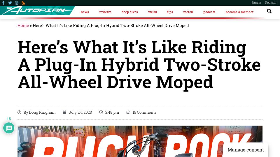 Screenshot of theautopian.com: What It's Like Riding a Plug-In Hybrid Two-Stroke All-Wheel Drive Moped