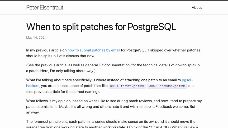 Screenshot of peter.eisentraut.org: When to split patches for PostgreSQL