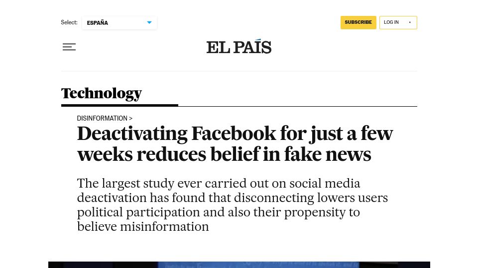 Screenshot of english.elpais.com: Deactivating Facebook for just a few weeks reduces belief in fake news