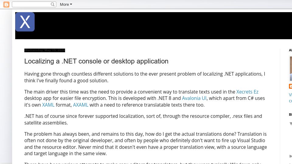 Screenshot of blog.axantum.com: Localization in .NET console and desktop apps