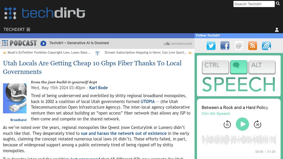Screenshot of techdirt.com: Utah Locals Are Getting Cheap 10 Gbps Fiber Thanks to Local Governments