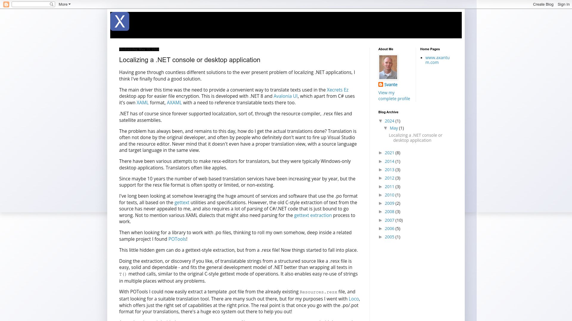 Screenshot of blog.axantum.com: Localization in .NET console and desktop apps