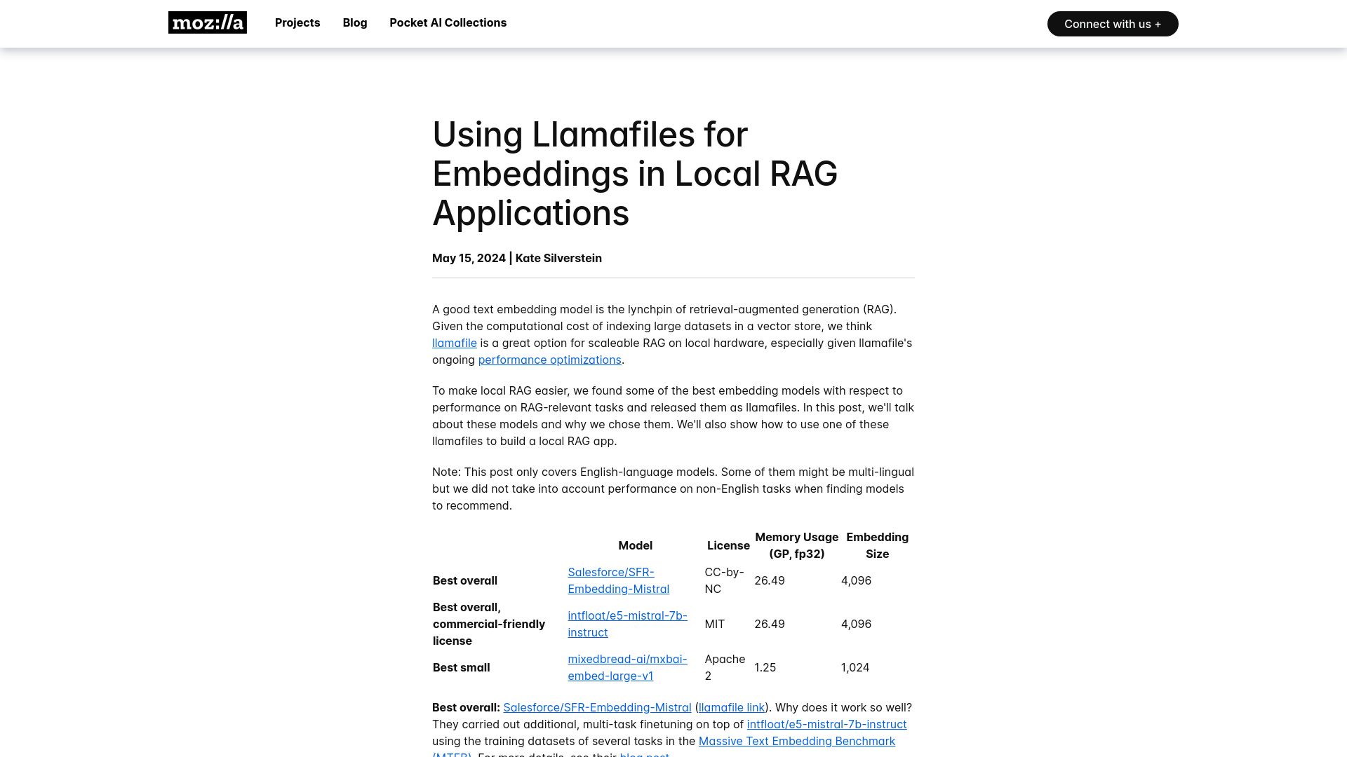 Screenshot of future.mozilla.org: Using Llamafiles for Embeddings in Local RAG Applications
