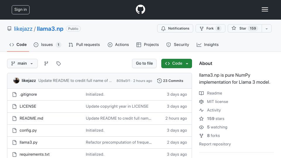 Screenshot of docs.likejazz.com: Llama 3 implemented in pure NumPy