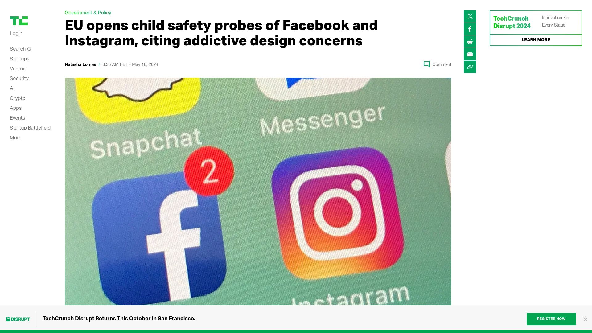 Screenshot of techcrunch.com: EU opens child safety probes of Facebook and Instagram, citing addictive design