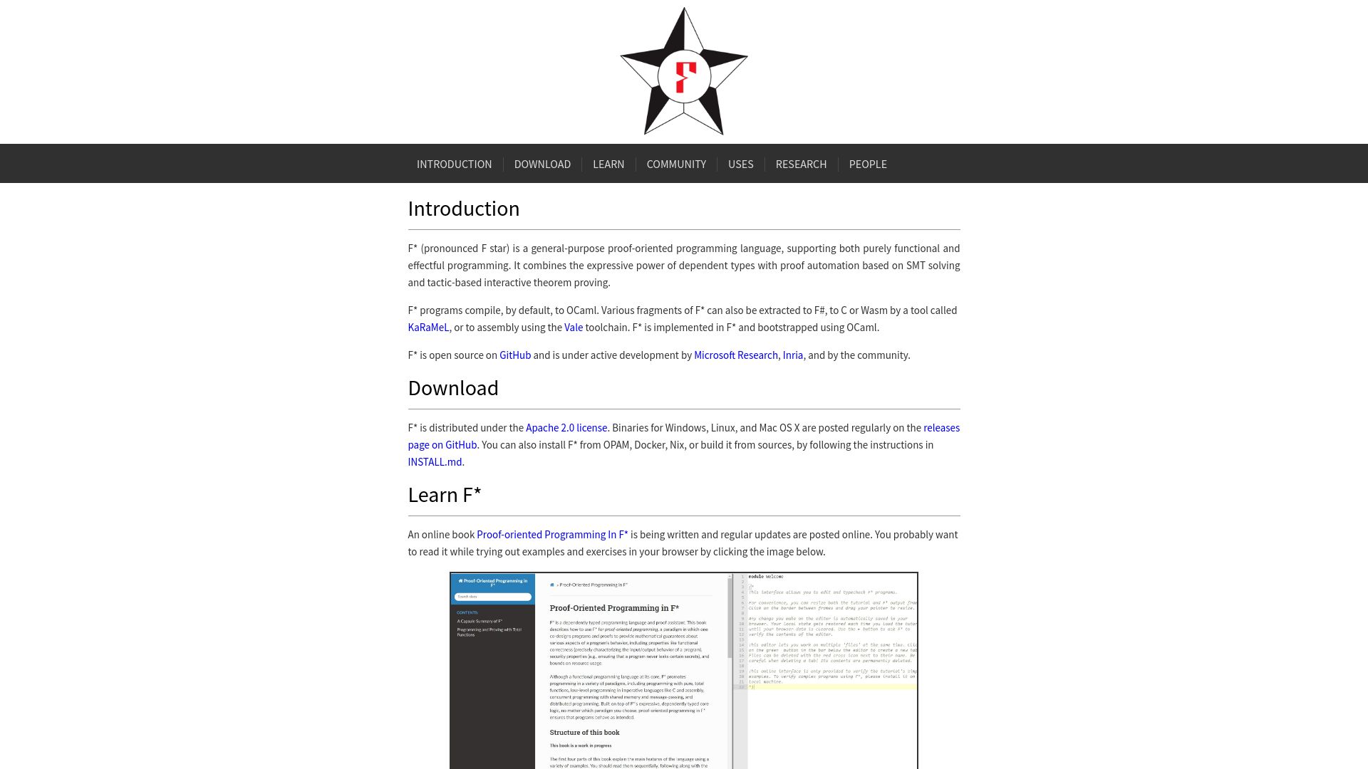 Screenshot of fstar-lang.org: F* – A Proof-Oriented Programming Language