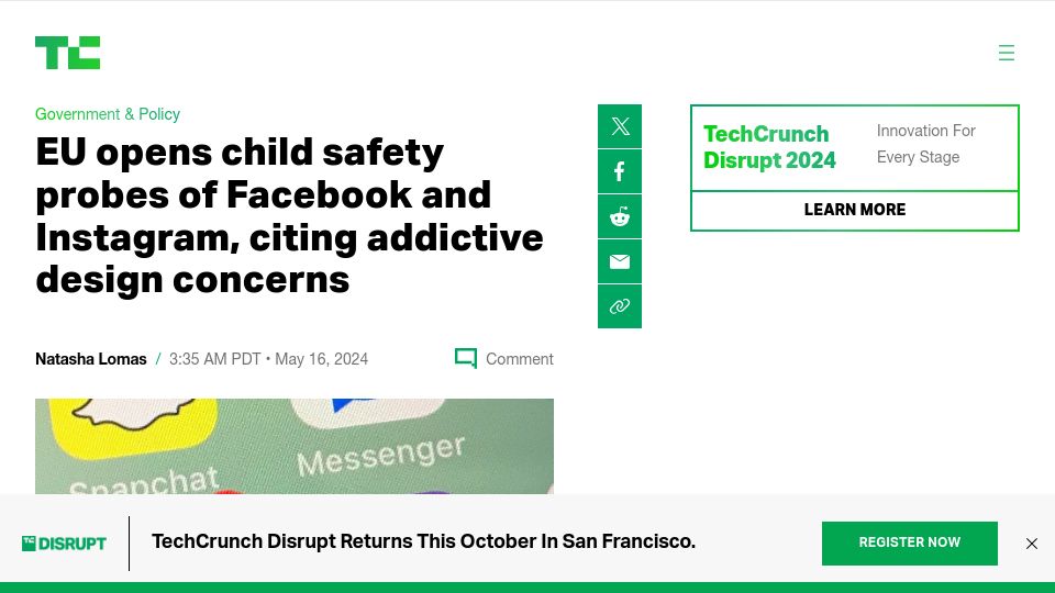 Screenshot of techcrunch.com: EU opens child safety probes of Facebook and Instagram, citing addictive design