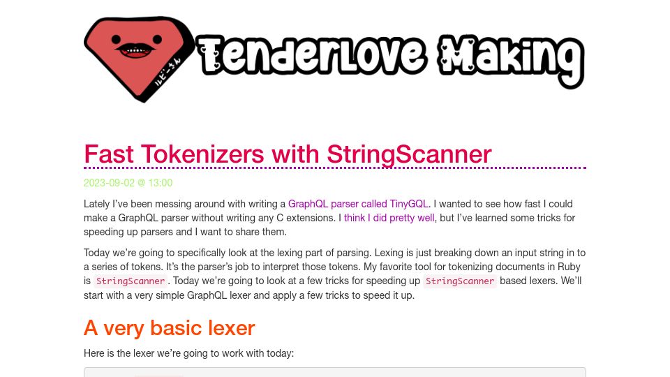 Screenshot of tenderlovemaking.com: Fast Tokenizers with StringScanner (2023)