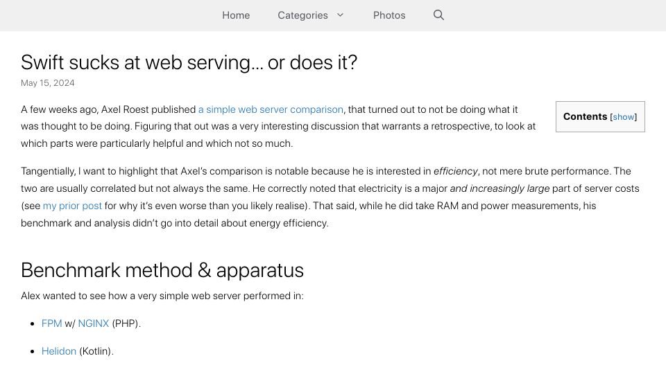 Screenshot of wadetregaskis.com: Swift sucks at web serving or does it?