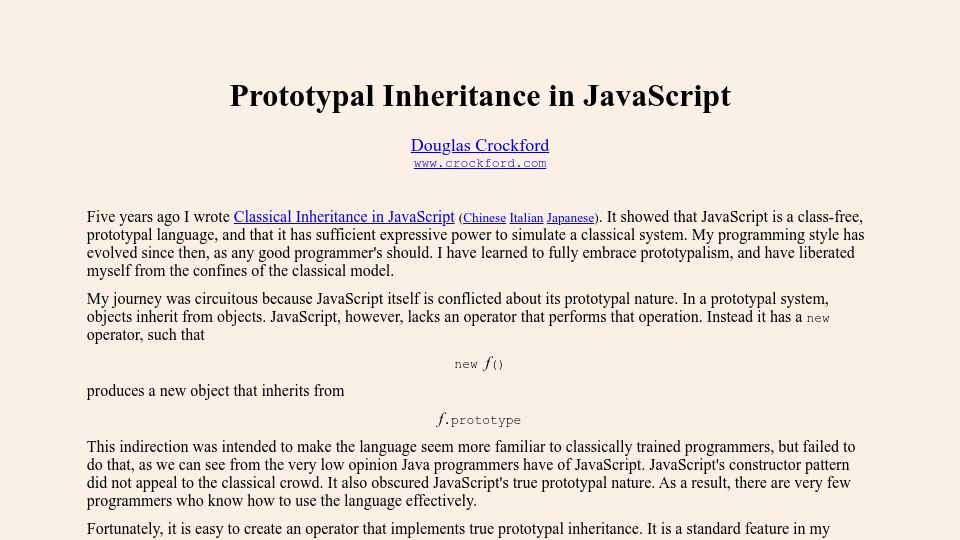 Screenshot of crockford.com: Prototypal Inheritance (2008)