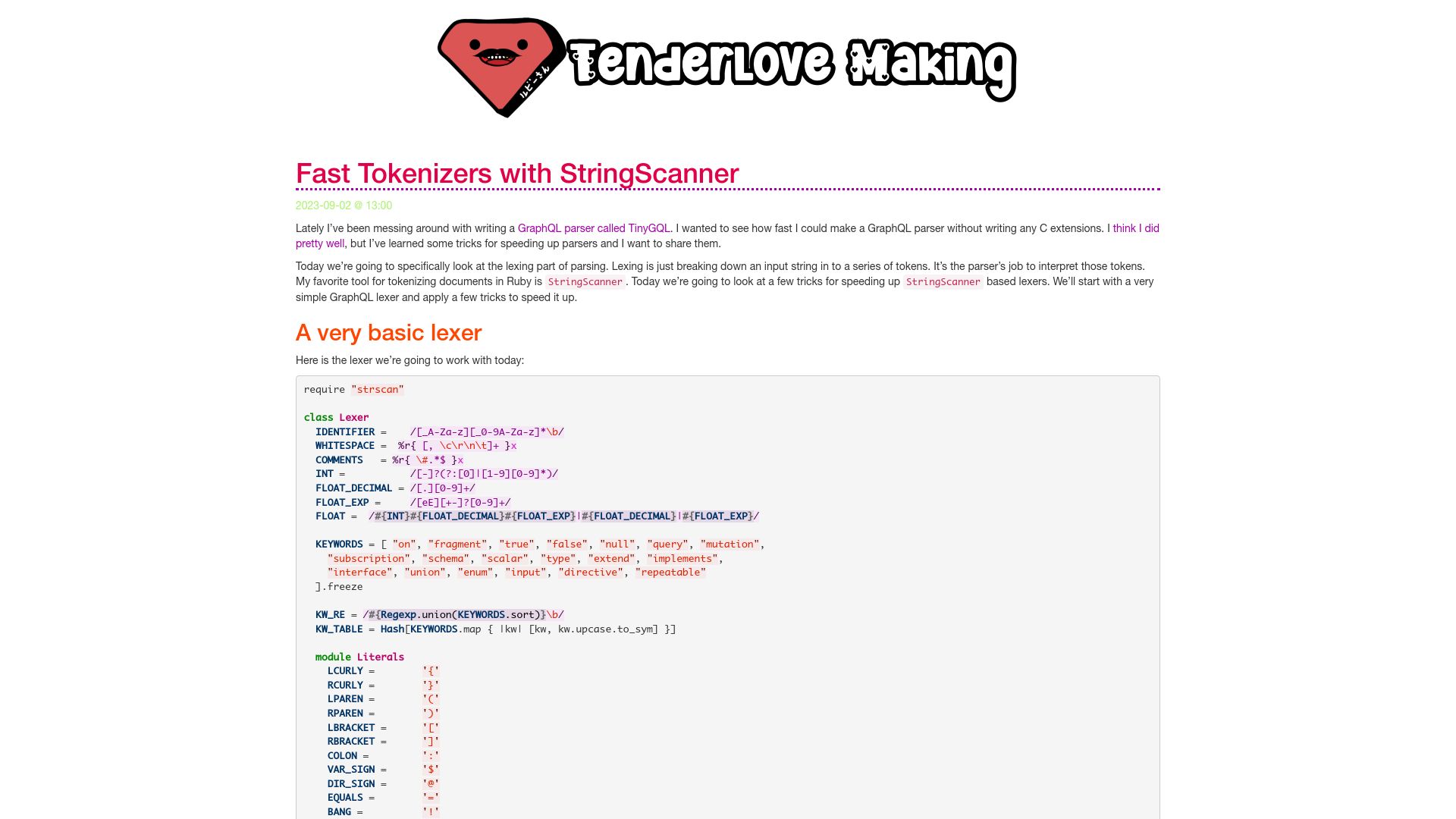 Screenshot of tenderlovemaking.com: Fast Tokenizers with StringScanner (2023)