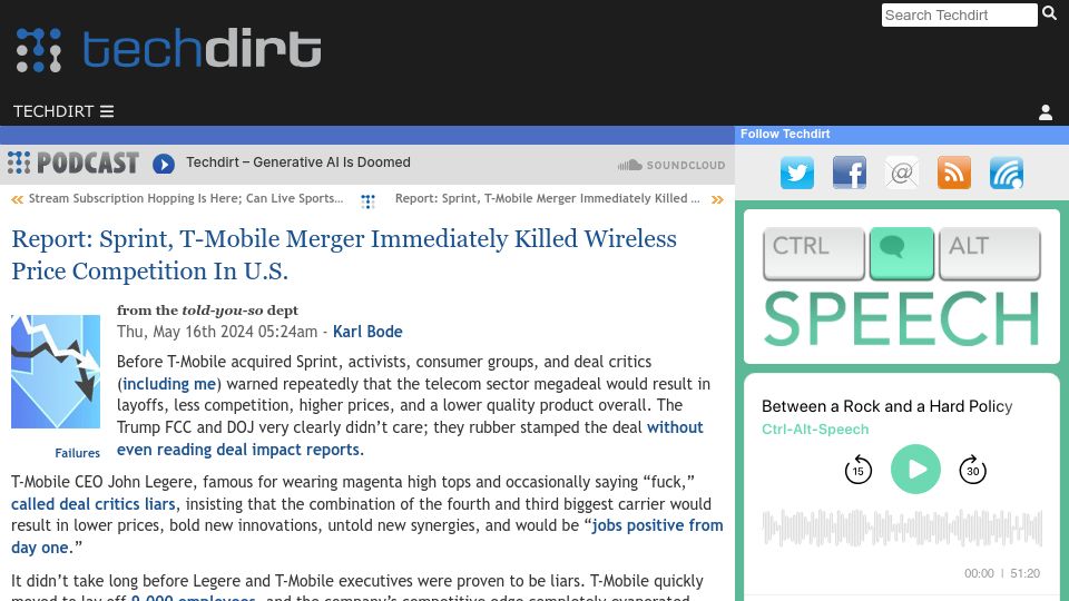 Screenshot of techdirt.com: Sprint, T-Mobile Merger Killed Wireless Price Competition in U.S.