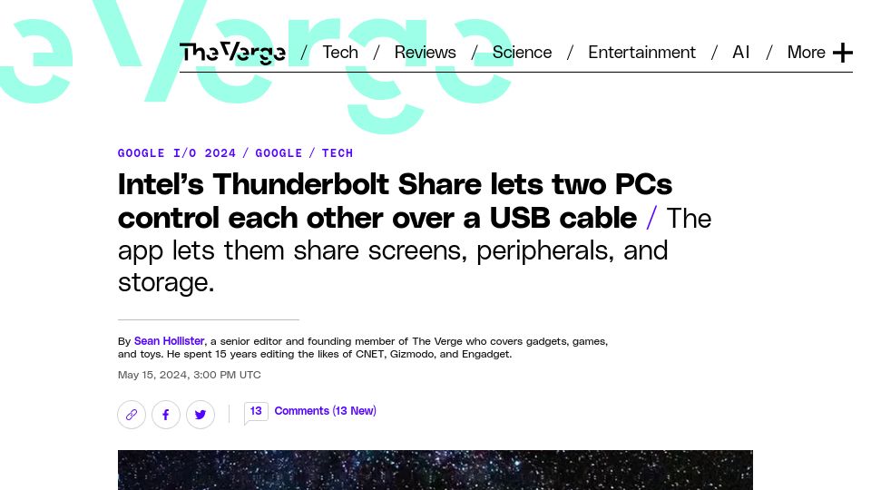 Screenshot of theverge.com: Intel's Thunderbolt Share lets two PCs control each other over a USB cable