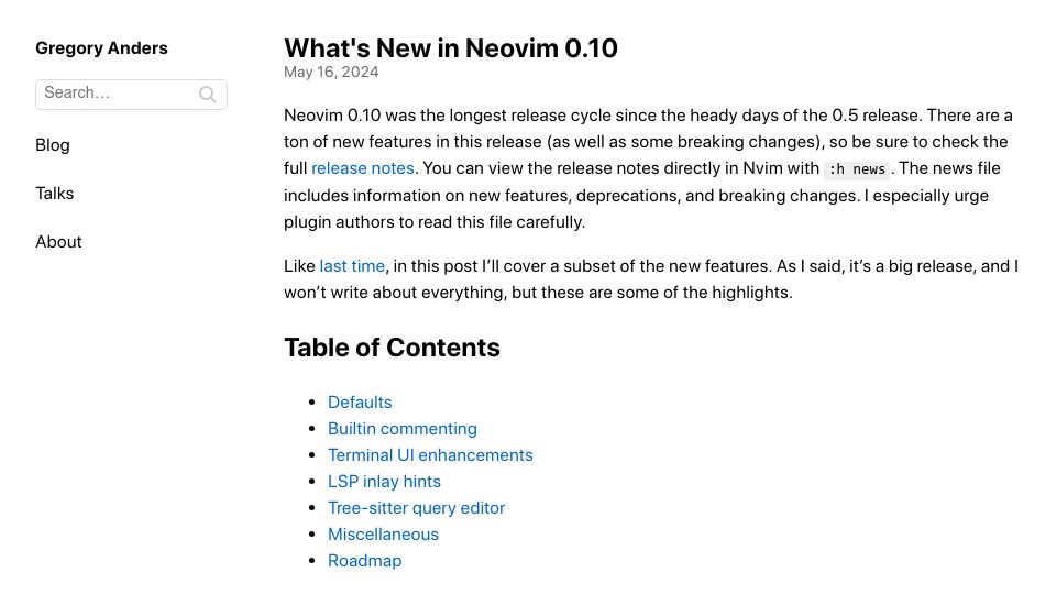 Screenshot of gpanders.com: What's New in Neovim 0.10