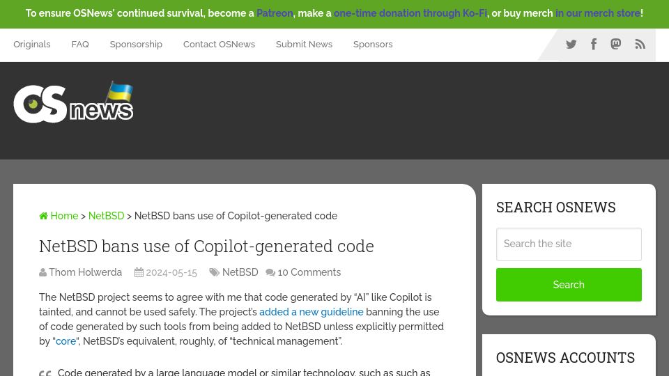 Screenshot of osnews.com: NetBSD bans use of Copilot-generated code