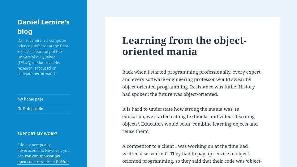 Screenshot of lemire.me: Learning from the Object Oriented Mania