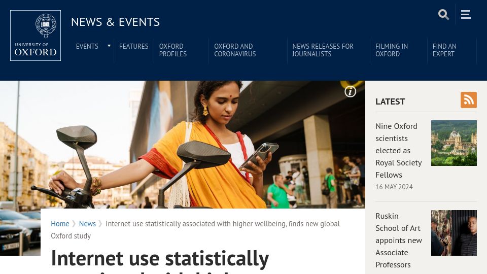 Screenshot of ox.ac.uk: Internet use associated with higher wellbeing, finds new global Oxford study