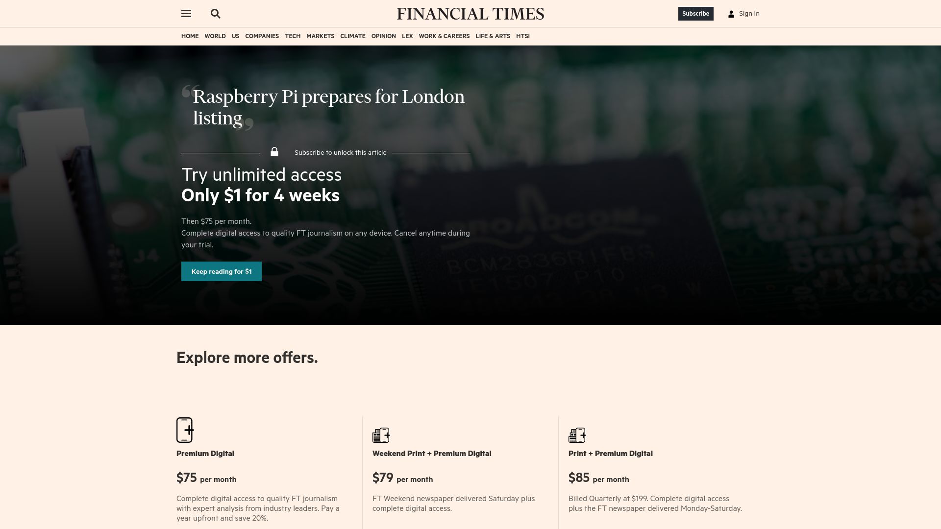 Screenshot of ft.com: Raspberry Pi prepares for London listing