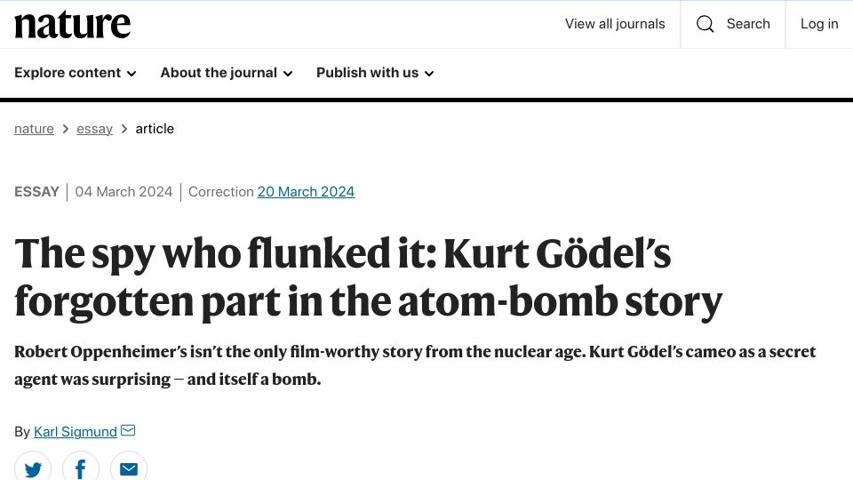 Screenshot of nature.com: The spy who flunked it: Kurt Gödel's forgotten part in the atom-bomb story