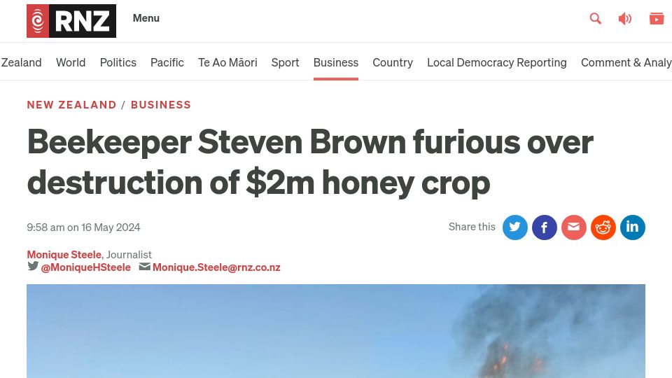 Screenshot of rnz.co.nz: Beekeeper furious over destruction of $2M honey crop