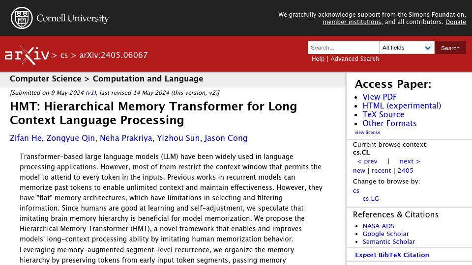Screenshot of arxiv.org: HMT: Hierarchical Memory Transformer for Long Context Language Processing