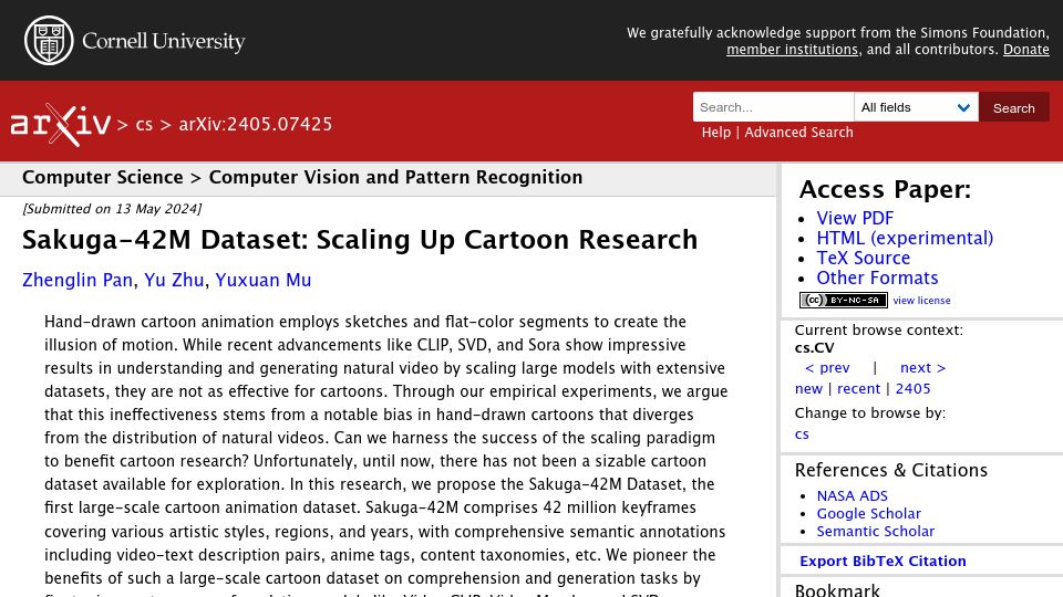 Screenshot of arxiv.org: Sakuga-42M Dataset: Scaling Up Cartoon Research