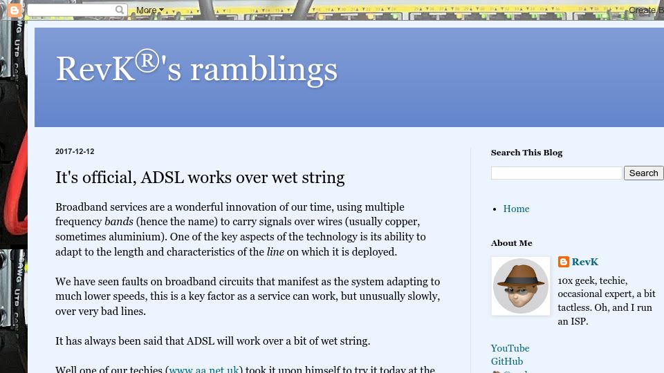 Screenshot of revk.uk: ADSL works over wet string (2017)