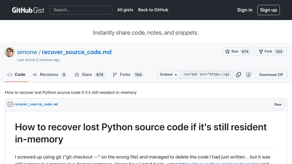 Screenshot of gist.github.com: How to recover lost Python source code if it's still resident in a running inter