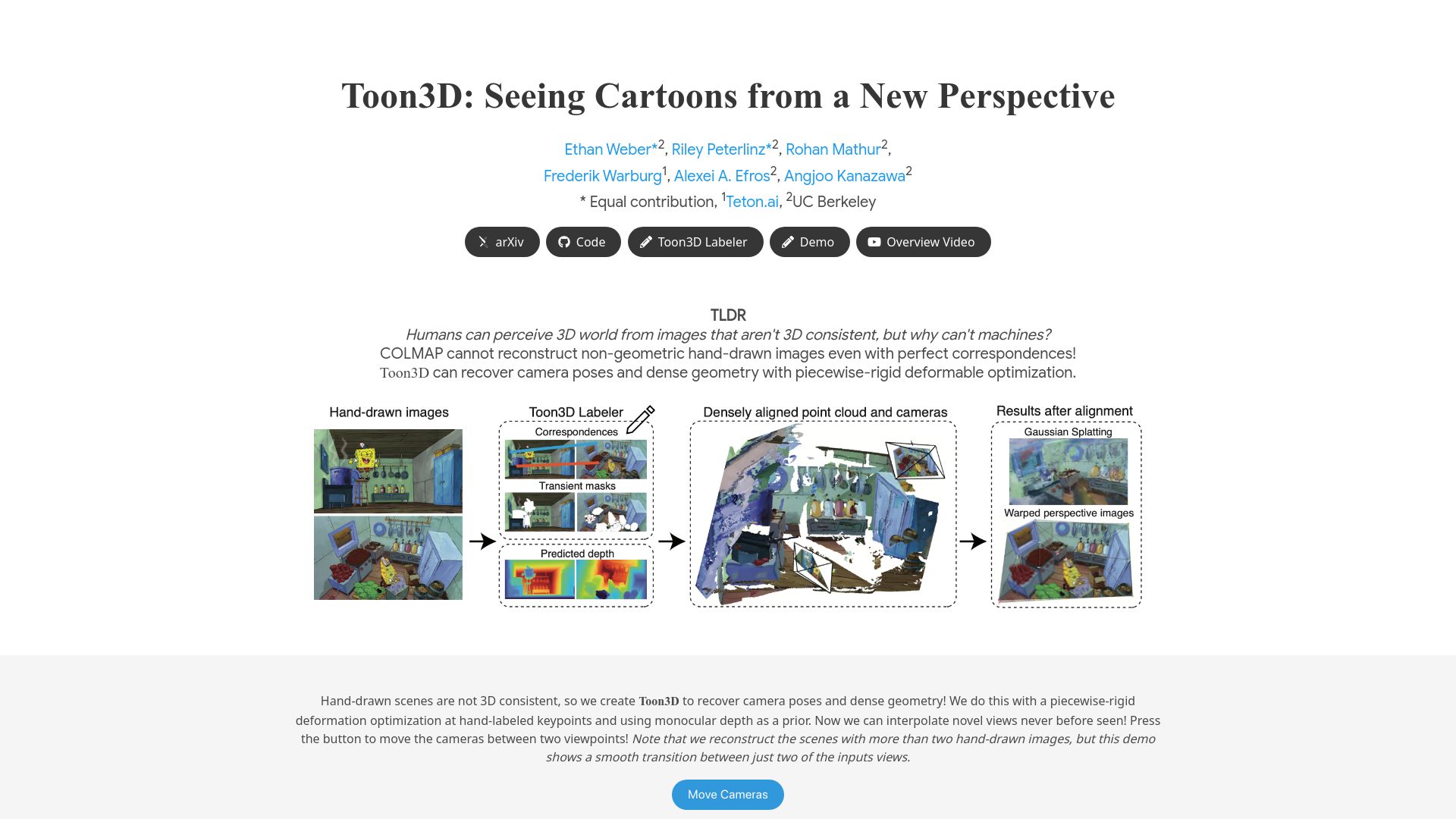 Screenshot of toon3d.studio: Toon3D: Seeing cartoons from a new perspective