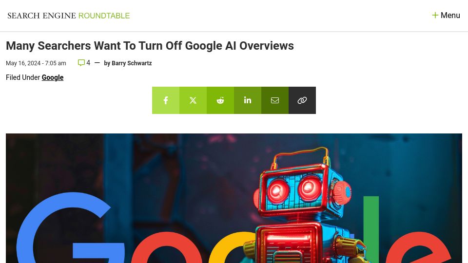 Screenshot of seroundtable.com: Many Searchers Want to Turn Off Google AI Overviews