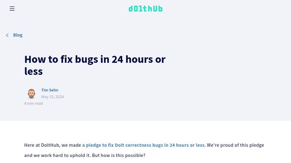 Screenshot of dolthub.com: How to fix bugs in 24 hours or less