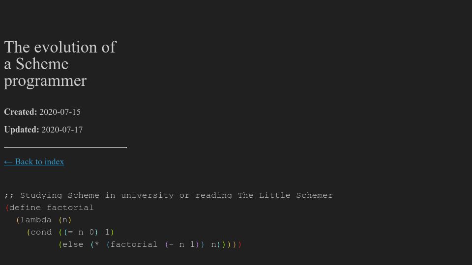 Screenshot of erkin.party: The evolution of a Scheme programmer (2020)