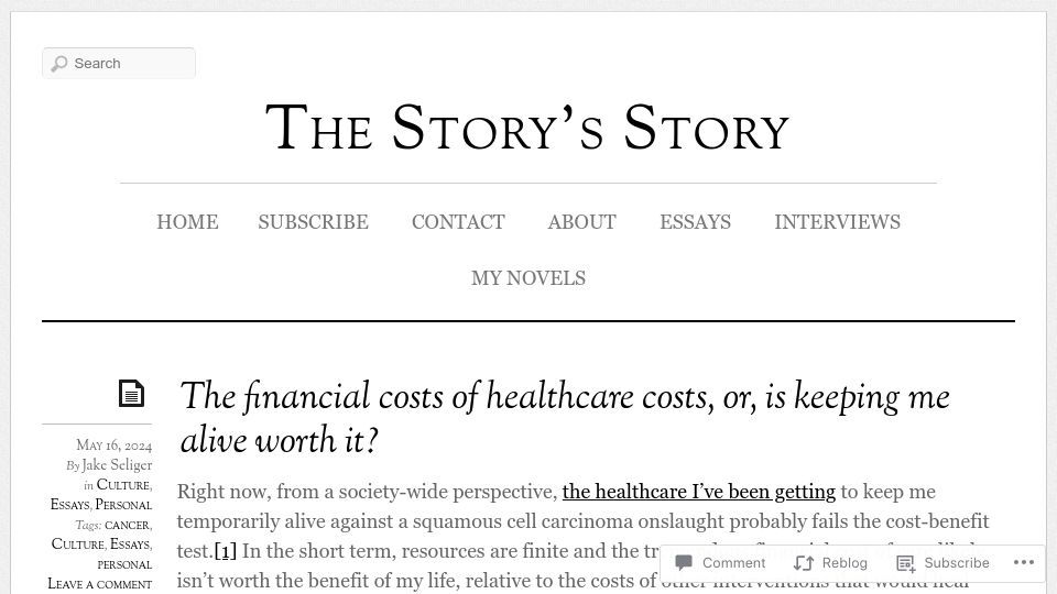 Screenshot of jakeseliger.com: The financial costs of healthcare costs, or, is keeping me alive worth it?