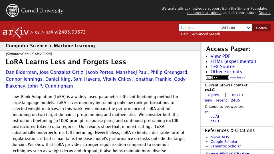 Screenshot of arxiv.org: LoRA Learns Less and Forgets Less