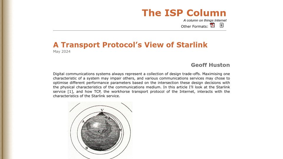 Screenshot of potaroo.net: A transport protocol's view of Starlink