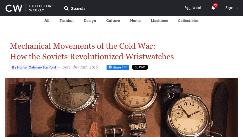 Screenshot of collectorsweekly.com: How the Soviets revolutionized wristwatches (2016)