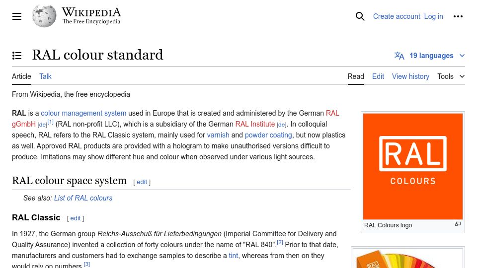 Screenshot of en.wikipedia.org: RAL Color Standard