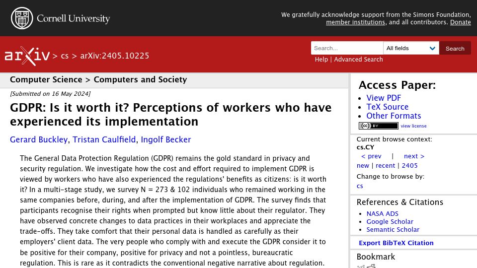 Screenshot of arxiv.org: GDPR: Is It Worth It?