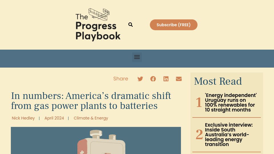 Screenshot of theprogressplaybook.com: America's dramatic shift from gas power plants to batteries