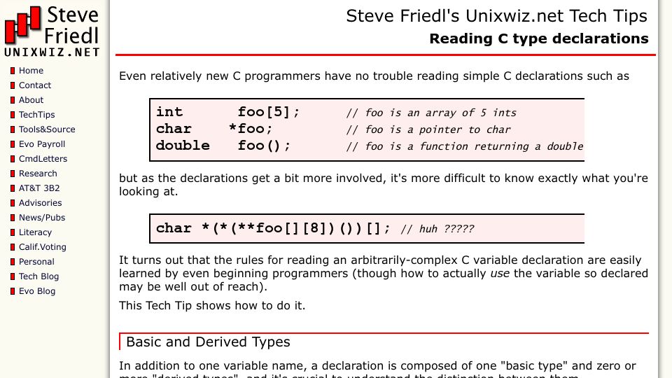 Screenshot of unixwiz.net: How to read C type declarations (2003)