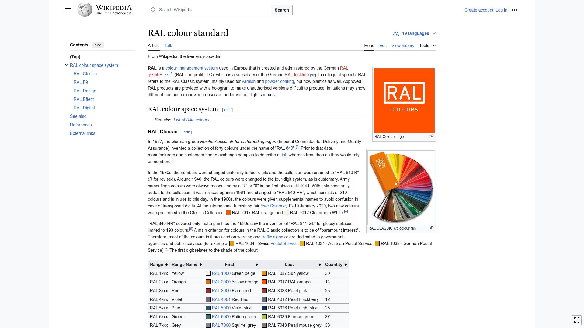 Screenshot of en.wikipedia.org: RAL Color Standard